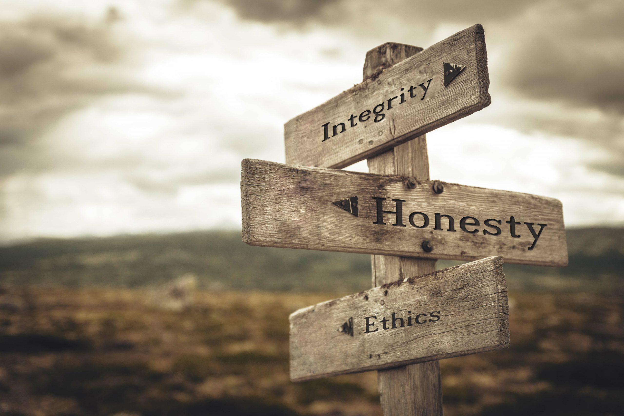 Integrity, honesty and ethics signpost in nature. Message, quotes, words, meaning, goals, company, business, rules, path concept. What we stand for